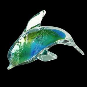 Vintage Murano Glass Handblown Dolphin Figurine Clear Glass Blue Green Ocean Sea